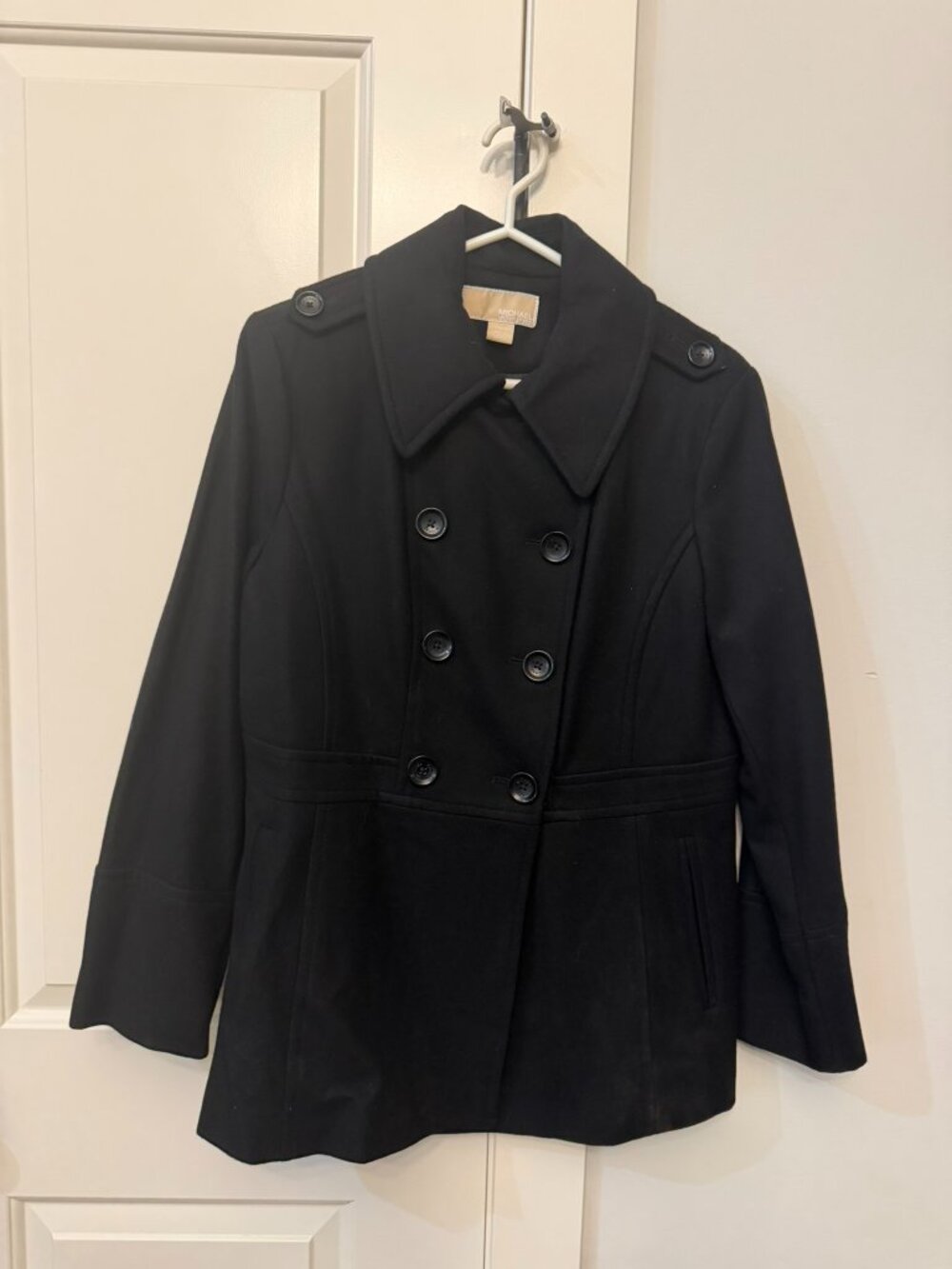 Michael Kors Black Peacoat | Size L | Double-Breasted Wool Blend Jacket